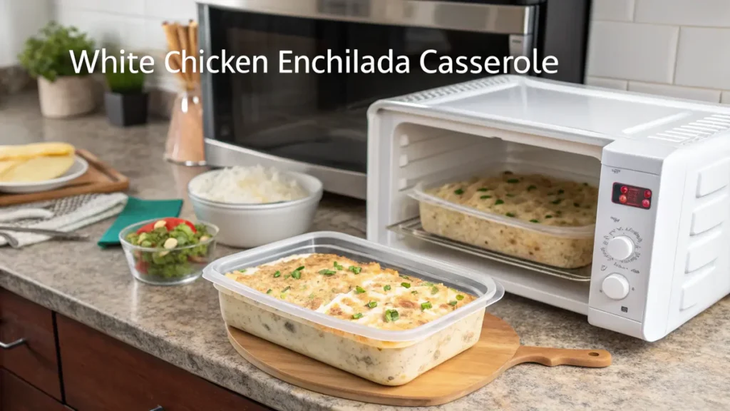 Storage and reheating tips for White Chicken Enchilada Casserole.