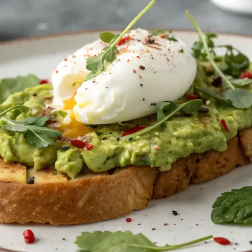 A beautifully plated Avocado Toast with Poached Egg, garnished with herbs and spices.