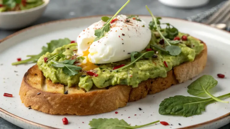 A beautifully plated Avocado Toast with Poached Egg, garnished with herbs and spices.