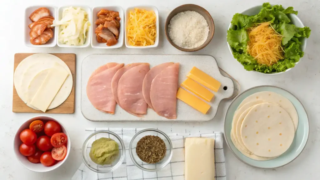 Ingredients for Air Fryer Chicken Ham & Cheese Wraps including chicken, ham, cheese, tortillas, and seasonings.