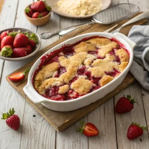 Freshly baked Strawberry Dump Cake in a white ceramic dish