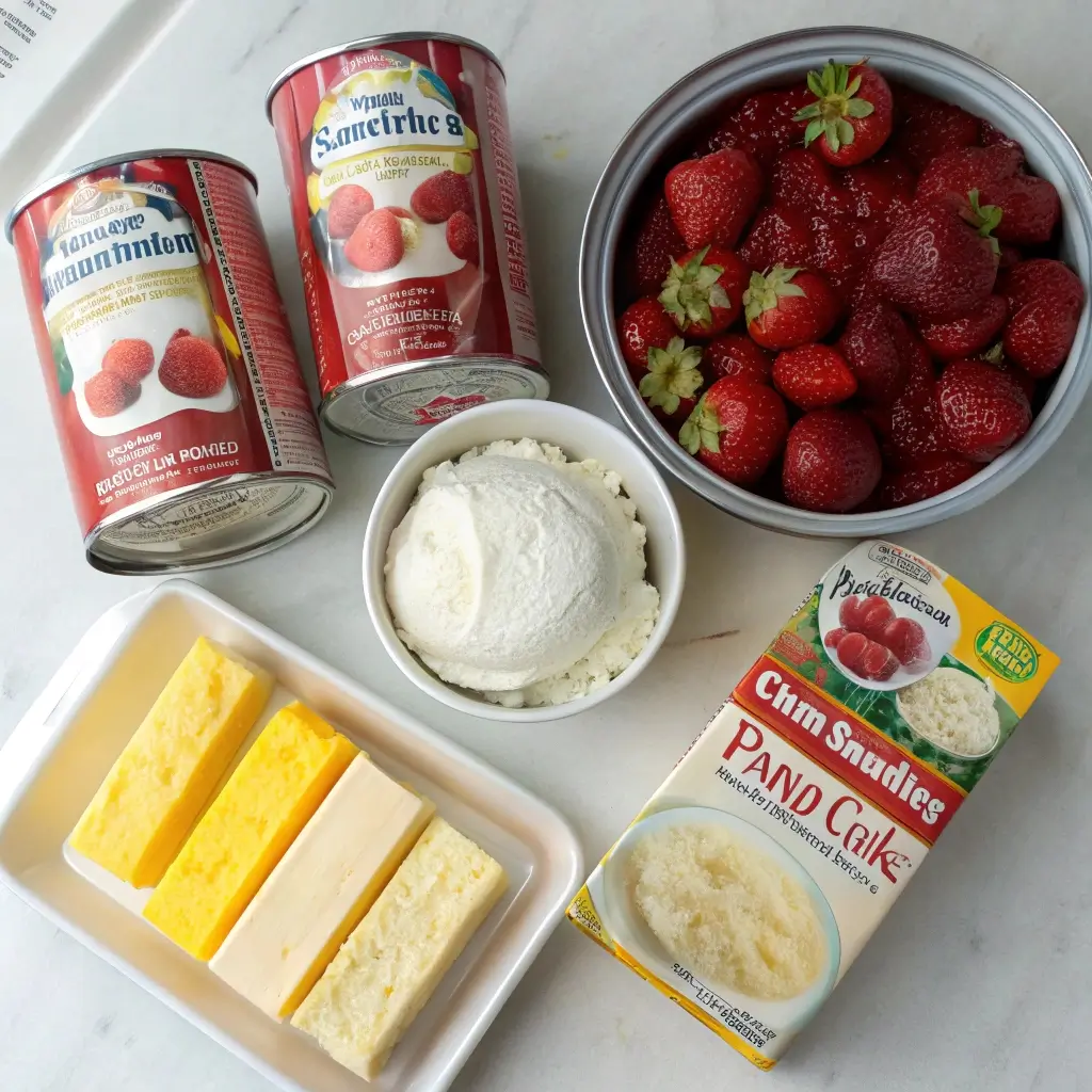 Ingredients for Strawberry Dump Cake laid out on a counter
